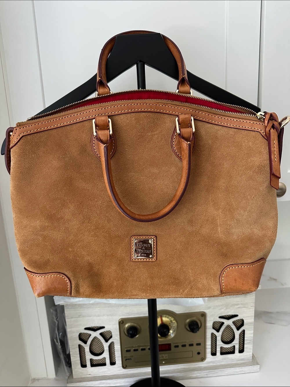 Dooney & Bourke Tan Suede Satchel with Leather Trim and Red Interior